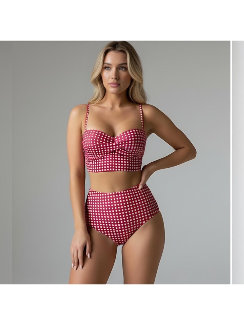 Gingham Twist Push Up Bra & High Waisted Bottom Bikini Red/Wht
